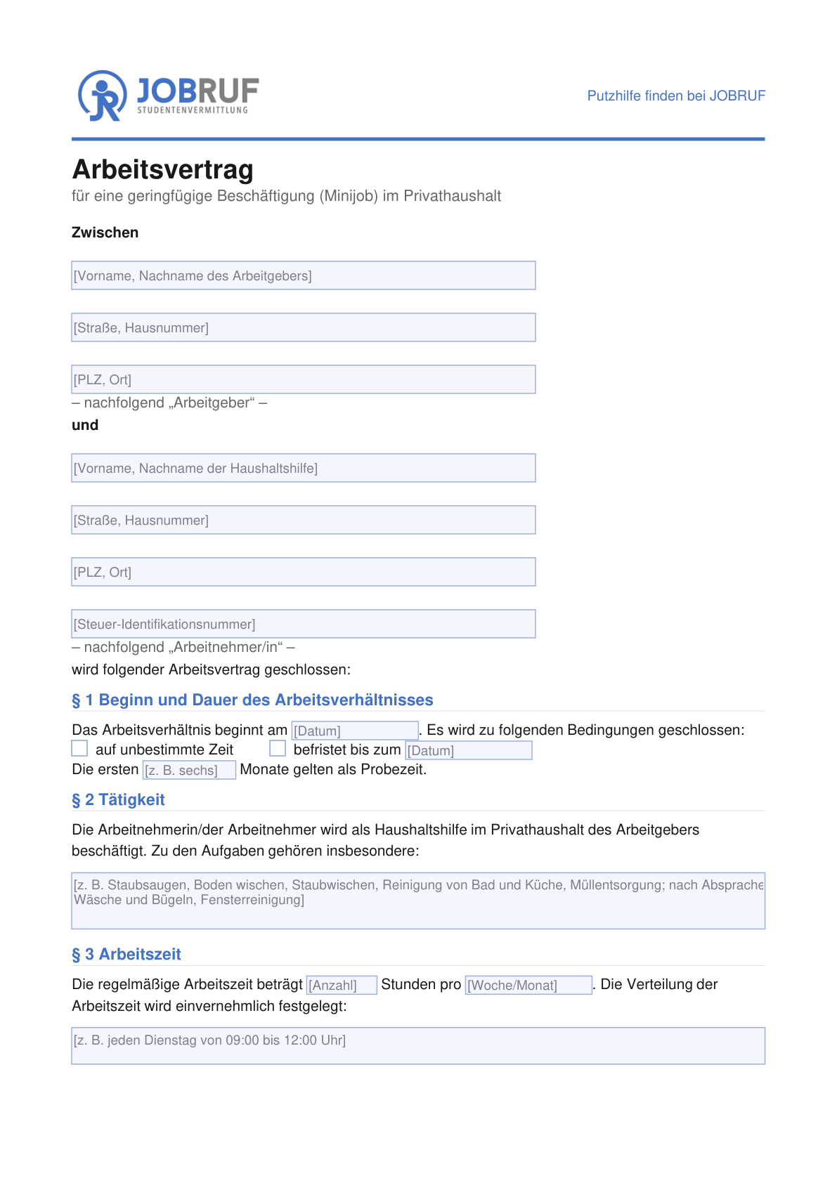 Muster Arbeitsvertrag Haushaltshilfe – Vorschau