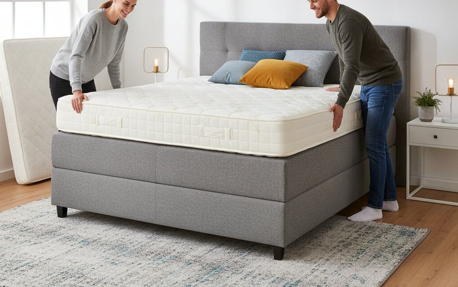 Zwei Helfer bauen ein Boxspringbett auf und setzen die Federkern-Matratze auf die Boxspring-Box