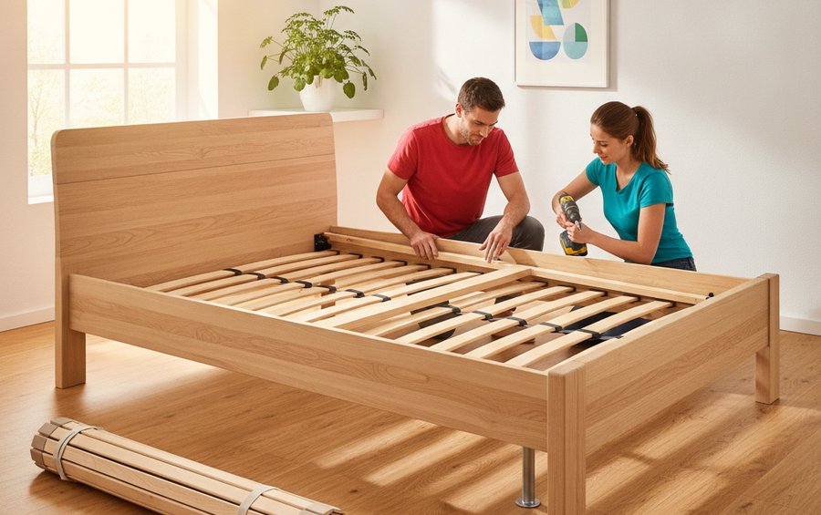 Zwei junge Personen bauen gemeinsam ein Bettgestell auf und verschrauben den Mittelbalken in hellem Schlafzimmer