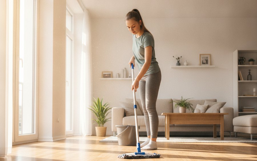 Putzhilfe wischt den Boden im Wohnzimmer