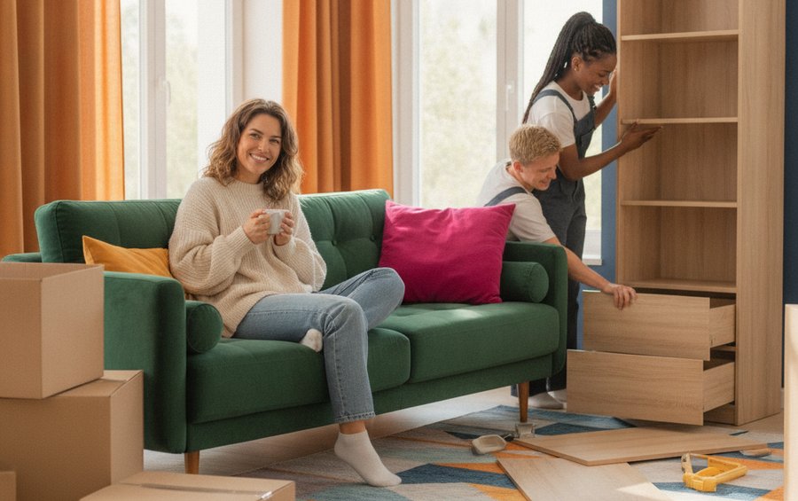 Kundin lehnt sich entspannt zur&uuml;ck, w&auml;hrend zwei studentische Helfer ihre IKEA-M&ouml;bel aufbauen