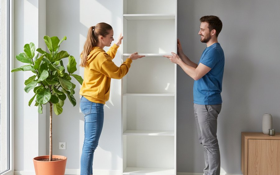 Zwei studentische M&ouml;belmonteure bauen gemeinsam ein IKEA-B&uuml;cherregal auf