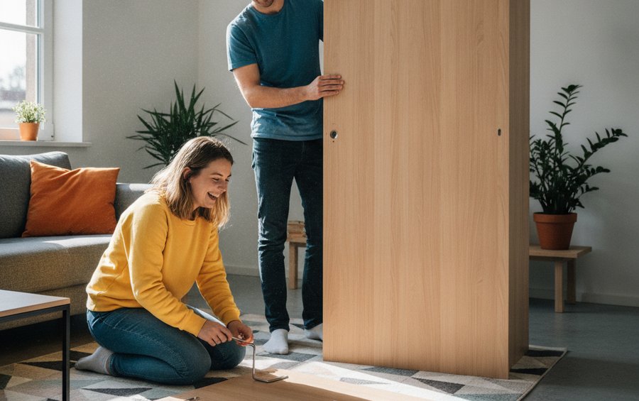 Zwei Studenten bauen einen IKEA-Kleiderschrank auf und verbinden die Seitenteile mit dem Inbusschl&uuml;ssel