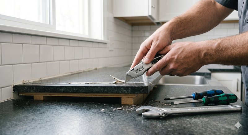 Nahaufnahme: H&auml;nde durchtrennen Silikonfuge zwischen Arbeitsplatte und Fliesenspiegel mit Cuttermesser