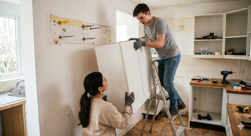 Zwei Personen nehmen einen wei&szlig;en H&auml;ngeschrank von der K&uuml;chenwand ab