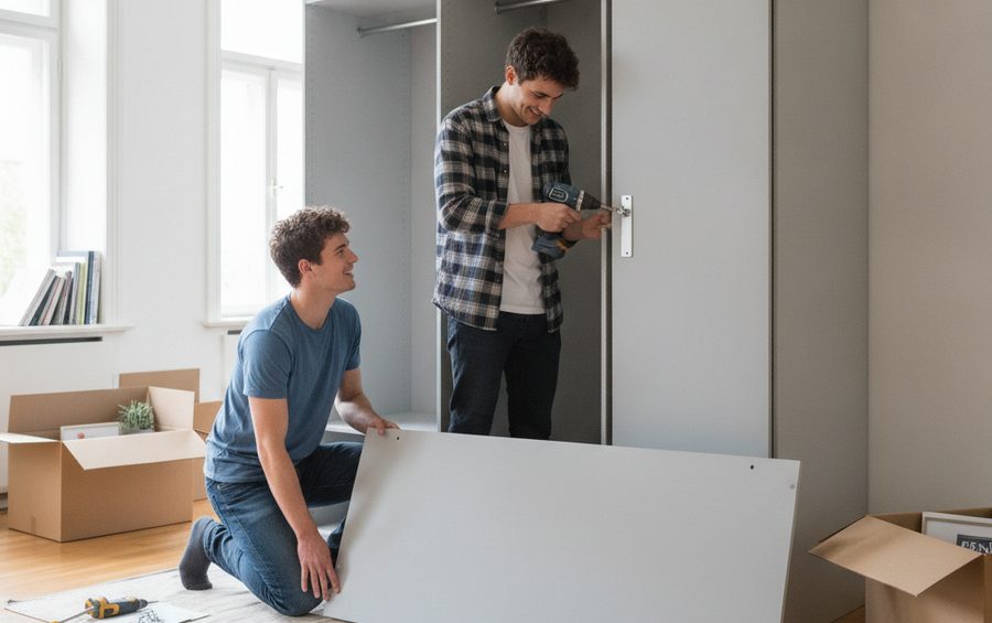 Zwei Studenten bauen privat einen Kleiderschrank auf