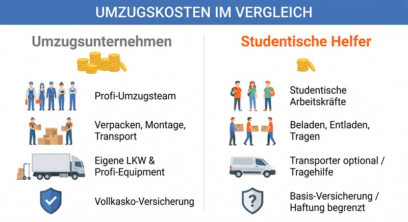 Infografik: Kostenvergleich Umzugsunternehmen gegen&uuml;ber studentischen Umzugshelfern f&uuml;r eine 2- und 3-Zimmer-Wohnung